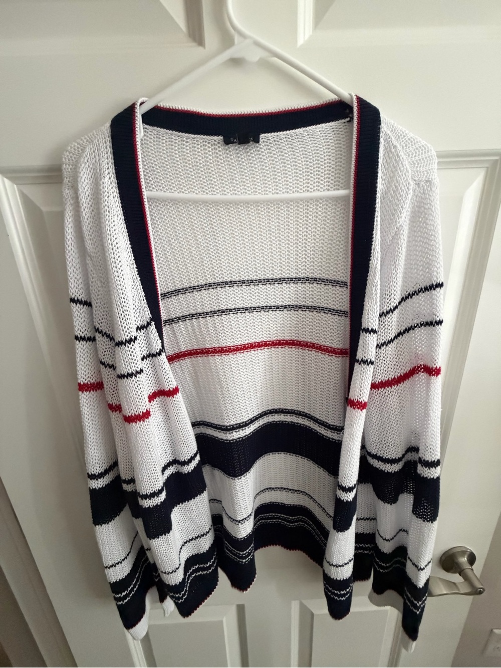 Talbots White Open-Front Cardigan with Navy & Red Stripes